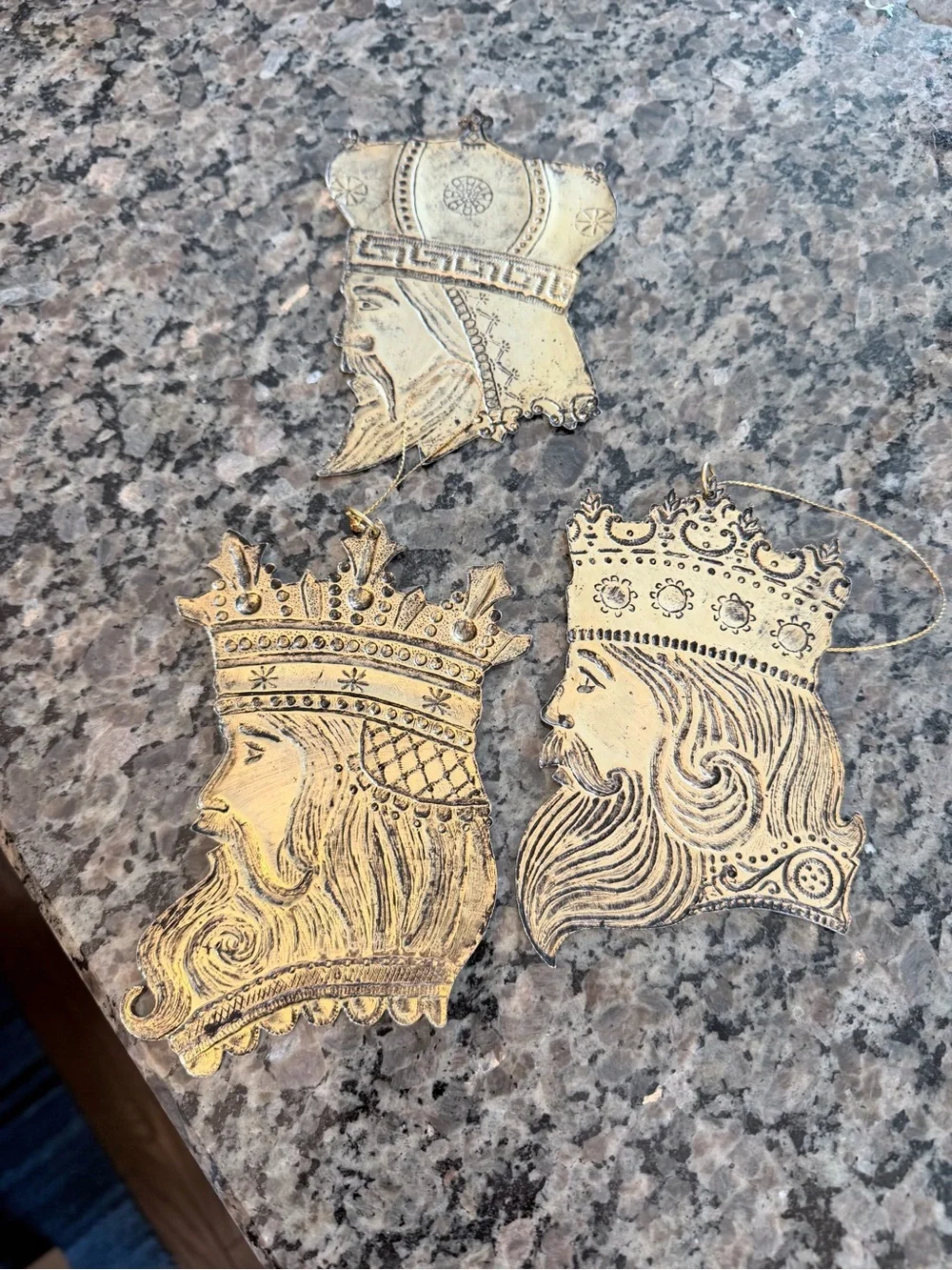 Vintage Gold King Head Ornament Trio